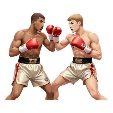 Two professional boxers in the ring, fighting for the world champion title. One delivers a long punch to the head, while the other skillfully dodges. The background features a crowded arena with bright lights and intense action. Transparent background sticker