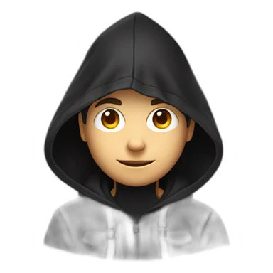 Young gamer with a black hood behind his computer sticker