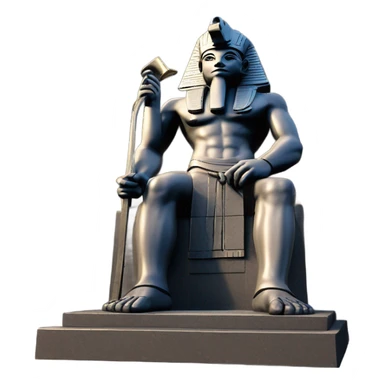 Osiris crook and flail obsidian statue on granite 30 ton brick, massive size, sunlight behind, sunset colors, reflections on black stone polished clean perfect, photography angles sticker