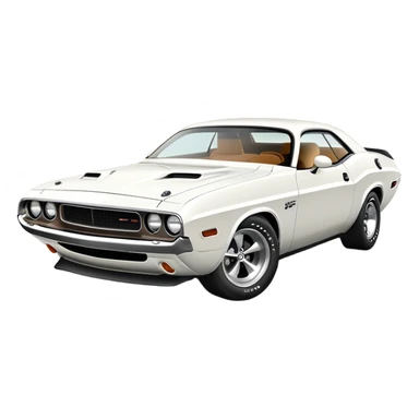 White 1971 Dodge Challenger with precise structure and proportions, consistent 30-degree angle view, showing detailed front fender and side profile, pure white color, iOS emoji style sticker