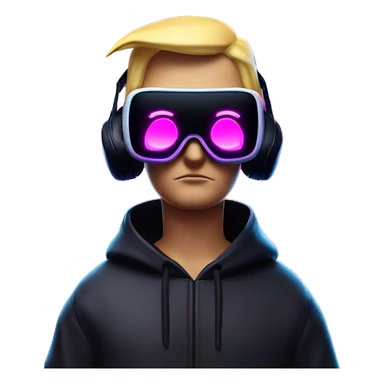Donald Trump wearing a black hoodie with "OMG" letters on it and VR headset oculus quest 2 in a cyberpunk VR environment with violet neon lighting. sticker