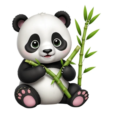 A 3D baby panda sitting and happily eating bamboo, big shiny eyes, cute and cartoonish style, soft lighting, high quality sticker