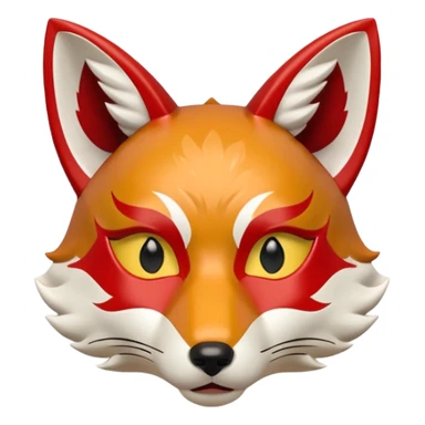 a japanese kitsune fox mask, smooth matte plastic surface, soft gradient lighting, white base with red and gold face markings, small triangular fox ears, calm and mysterious expression sticker