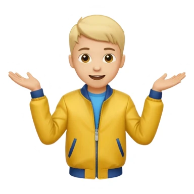 excited boy with good hair cut shrugging his shoulder, wearing yellow jacket and smile sticker