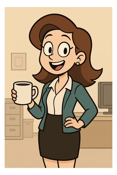 cheerful office girl holding a coffee mug, modern cartoon style sticker