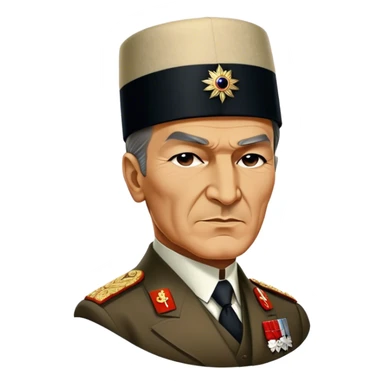 Mustafa Kemal Atatürk (statesman) in traditional hat – Cinematic Realistic Portrait of Mustafa Kemal Atatürk, depicted in dignified traditional attire with a distinctive hat, a resolute and visionary expression illuminated by warm, historic lighting, rendered with rich textures that evoke his transformative leadership. sticker