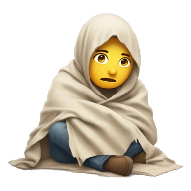 An emoji of a tired person sitting on the ground, with worn-out clothes and a sad expression, holding a simple blanket or piece of cardboard sticker