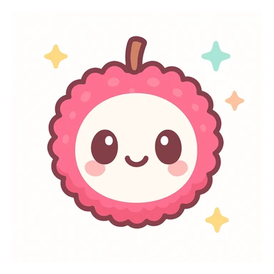 playful colorful kawaii lychee emoji, round white face, big shiny eyes, happy smile, bright pink bumpy skin, small brown stem, glossy 3D look, soft shading, detailed texture, cheerful expressive plush toy style sticker