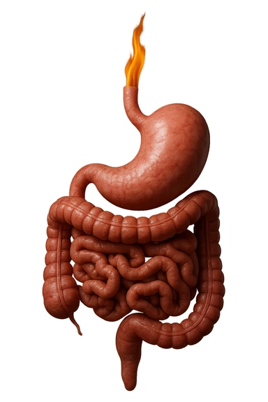 intestino e stomaco sono collegati, con una fiamma che brucia sopra, iperrealistico 4k, non disegnato sticker