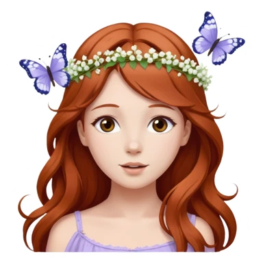Woman with long flowing auburn hair wearing a flower crown with pale lavender flowers and white baby's breath in it and butterflies flying around it sticker