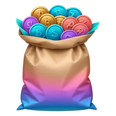 coins in gradient of turquoise, blue, pink, purple, and coral color inside a brown bag sticker