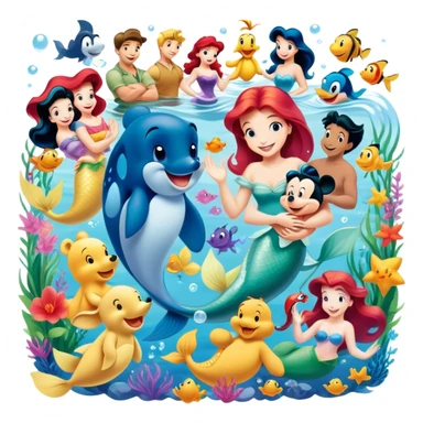 Icon for Animated Characters: A colorful, large-scale collage of beloved cartoon characters, including Franco, Mickey Mouse, Winnie-the-Pooh, Ariel the Little Mermaid, Jasmine and others. Bright and vibrant, full of whimsical charm. Transparent background. sticker
