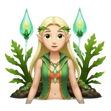 elf female legolas wading in shallow tide pool, palm emitting soft green light to heal glowing coral, practical open vest over bare chest, determined gaze, pointy ears, vibrant underwater plants, centered emoji, nature guardian summer sticker