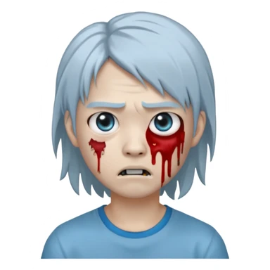 emoji-style avatar with very pale blue-grey zombie skin like , a young Asian face, and large eyes with blood tears. Give it white mullet-style hair, silver hoop earrings, and a simple black T-shirt. The expression should be neutral or slightly angry sticker