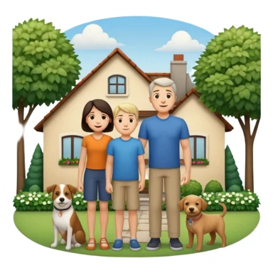1 Father 1 Mother and 1 young BOY who is half as tall as the parents, standing in front of their house with a dog next to them. Everyone should look VERY happy. There MUST be a house behind them with trees and plants sticker