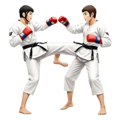 Two taekwondo fighters in traditional white doboks with black belts. One delivers a powerful kick, while the other defends by blocking with his knee. The background shows a professional arena with bright lights and an excited crowd. Transparent background highlights the intense action sticker