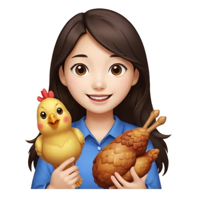 korean girl with long dark brown hair holding a chicken drumstick, expressive emoji style sticker