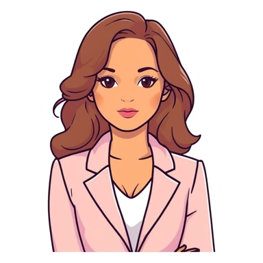 A 30-year-old woman with tanned skin, light brown long wavy hair, delicate face, almond-shaped eyes with smoky foxy eye makeup, brown eyes, wearing a light pink blazer and white satin cowl neck blouse with thin straps sticker