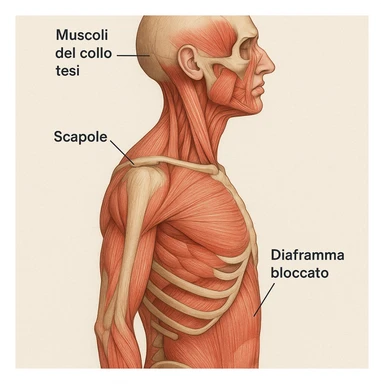 vista laterale con diaframma bloccato e muscoli del collo tesi, scapole in evidenza, etichette in italiano sticker