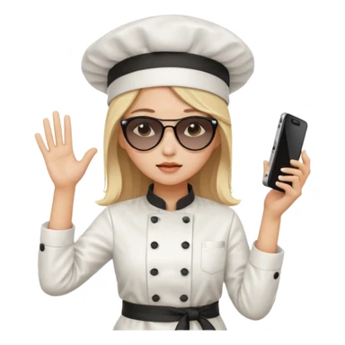 [b"A sad wooman with loight skin,k straight  hair, weawring a chehf hat andi sunglassels, dressee in K-pop  fashion, his dancino while hollding a phdone."] sticker