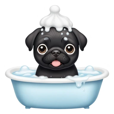 Happy adorable big eyes Black pug puppy with bath foam on top of his head sticker