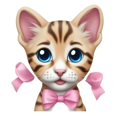 Cute little Bengal kitten with a pink bow on her head, blue eyes and light fur  sticker