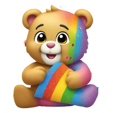 Carebear holding rainbow stuffed animal with confetti and sprinkles all over him sticker