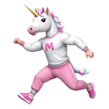 friendly anthropomorphised male white unicorn with a fit, chunky, muscular and strong physique, arms and legs matching the white of the head, wearing grey tracksuit pants and pink jumper, sunglasses, jumping for joy sticker