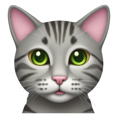 A grey tabby cat with a pink nose and green eyes is happy sticker