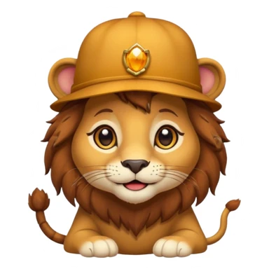 cute lion with a chestnut as a hat, cartoon style, big sparkling eyes, warm and friendly expression, autumn colors, simple and emoji-style design sticker