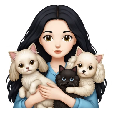 A lady with long black hair holding two animals, a long hair Ragdoll cat and a small poodle  sticker
