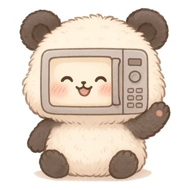 microwave oven merged with a soft fluffy panda in chibi style, blushing, waving happily, soft pastel tones, full-body sticker