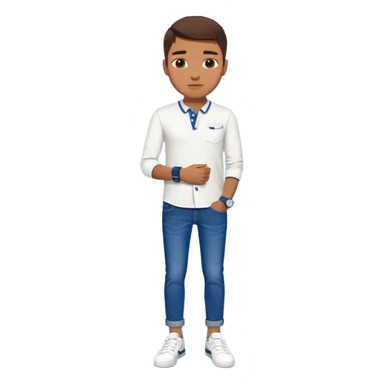 Human wearing white shoes and white shirt and blue jeans and wearing a navy blue SuperDry mark watch on his left hand sticker