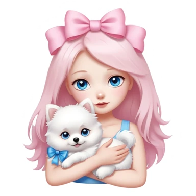 Burnt girl white skin blue eyes hugging white Pomeranian with light pink bow sticker