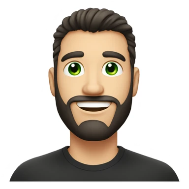 Handsome man with dark hair, gradient short hair on the side, green eyes. Big smile and thin face. Black t-shirt. A little beard. Emoji bubble next to his mouth to indicate he talking sticker