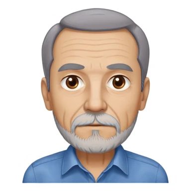 Older slim Hispanic man in his 60s with light skin. Thinner face with pronounced features. Expressive brown eyes, thick eyebrows showing age. Short brown hair with significant receding hairline. Scraggly brown beard with gray patches. Wearing a blue button-up shirt on his lean frame. sticker