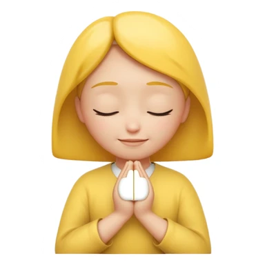 A 3D Apple-style yellow round emoji, calm and patient expression, closed eyes with a gentle smile, hands together in front as if waiting or praying, soft relaxed eyebrows, subtle glow around the head to symbolize patience, clean minimal background sticker