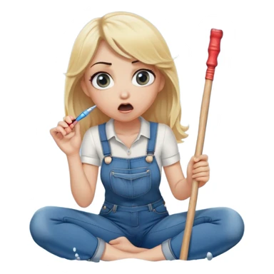 blond woman sitting on her knees with wide eyes, a human in jeans stands next to her, she's holding a wide skin-colored stick with a D-shaped knob, the stick and the nob have skin texture, water squirting from the knob into her mouth, shocked face sticker