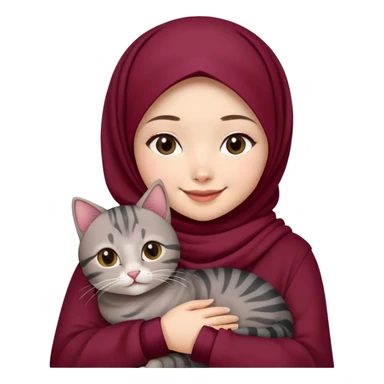 Asian White girl wearing cute maroon hijab holding a black grey tabby cat while smiling.  sticker