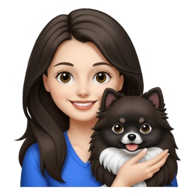 A woman who has brunette long hair is holding a black and white 1 Pomeranian dog who has black face but in the middle he has a white line from the nose sticker