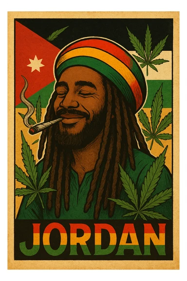 A digital vintage-style poster illustration of a Jordanian Rasta man with dreadlocks, wearing a red, yellow, green striped tam hat. He is smiling peacefully with a lit herbal spliff in his mouth. The background features the official Jordan flag — black, white, green horizontal stripes with a red triangle and a white 7-point star — accurately displayed behind him. Cannabis leaves are tastefully arranged around the composition, and the poster includes Rasta color textures blended with the Jordanian palette. Use a retro poster style with warm, slightly aged textures, bold outlines, and soft shading to evoke a soulful reggae vibe that honors both Jordanian pride and Rasta spirit. The mood is chill, powerful, and respectful sticker