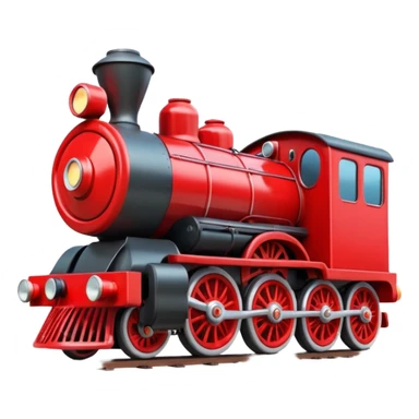 A 3D cartoon red train engine with headlights and wheels visible, realistic reflections, Memoji-style. sticker