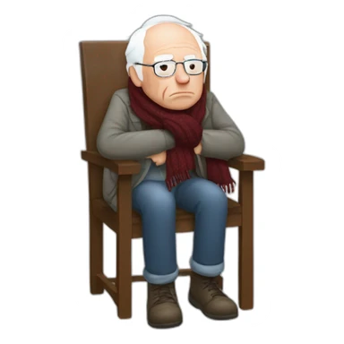 Bernie sanders sitting on chair having cold wearing a scarf sticker