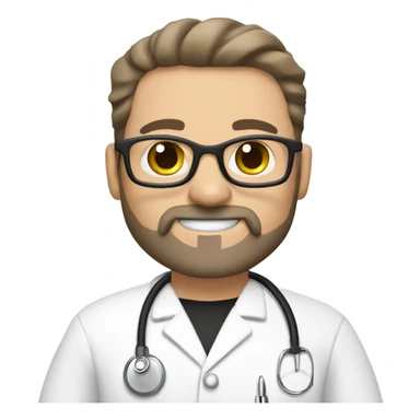 male dark blond haired doctor with grey goatee with hazel eyes and wire glasses in black scrubs holding a large paintbrush sticker