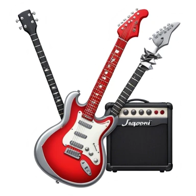 Create a bold and powerful emoji representing rock vocal performance in a humanless collage. The design should feature a vintage microphone at the center, surrounded by a heavy, aggressive hardcore electric guitar with sharp, jagged edges. Include crossed drumsticks behind the guitar, symbolizing the intense rhythm of rock music. Add fiery elements like flames or lightning bolts to enhance the raw energy of the design. Use dark, bold colors like black, red, and silver, with metallic or chrome accents to reflect the rebellious, hard-hitting nature of rock. The background should be transparent. sticker