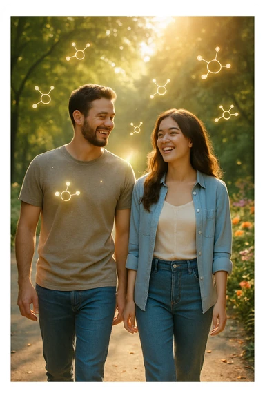 a smiling man and woman walk together along a sunlit park path, surrounded by green trees and blooming flowers. Sunbeams gently illuminate their faces, and subtle, glowing dopamine symbols float around them, symbolizing natural, healthy pleasure. The mood is uplifting and serene. sticker