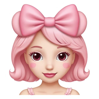 Ultimate coquette emoji with big pink bow, rosy cheeks, batting eyelashes, sweet smile, heart accents, ultra feminine, dainty, soft pink color palette sticker