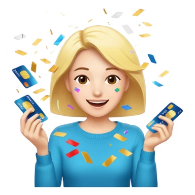 A joyful person cutting up credit cards as they turn into flying confetti emoji sticker