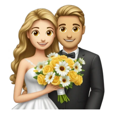 crée un emoji avec un personnage yeux festif et un énorme bouquet de fleur de mariage sticker