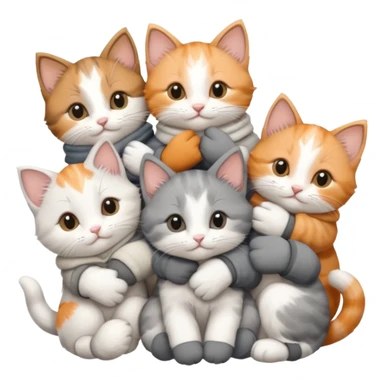 6 tiny kittens cuddling together all various different natural colours including solid grey with white mittens, grey and white, ginger and white, calico, and brown and white sticker